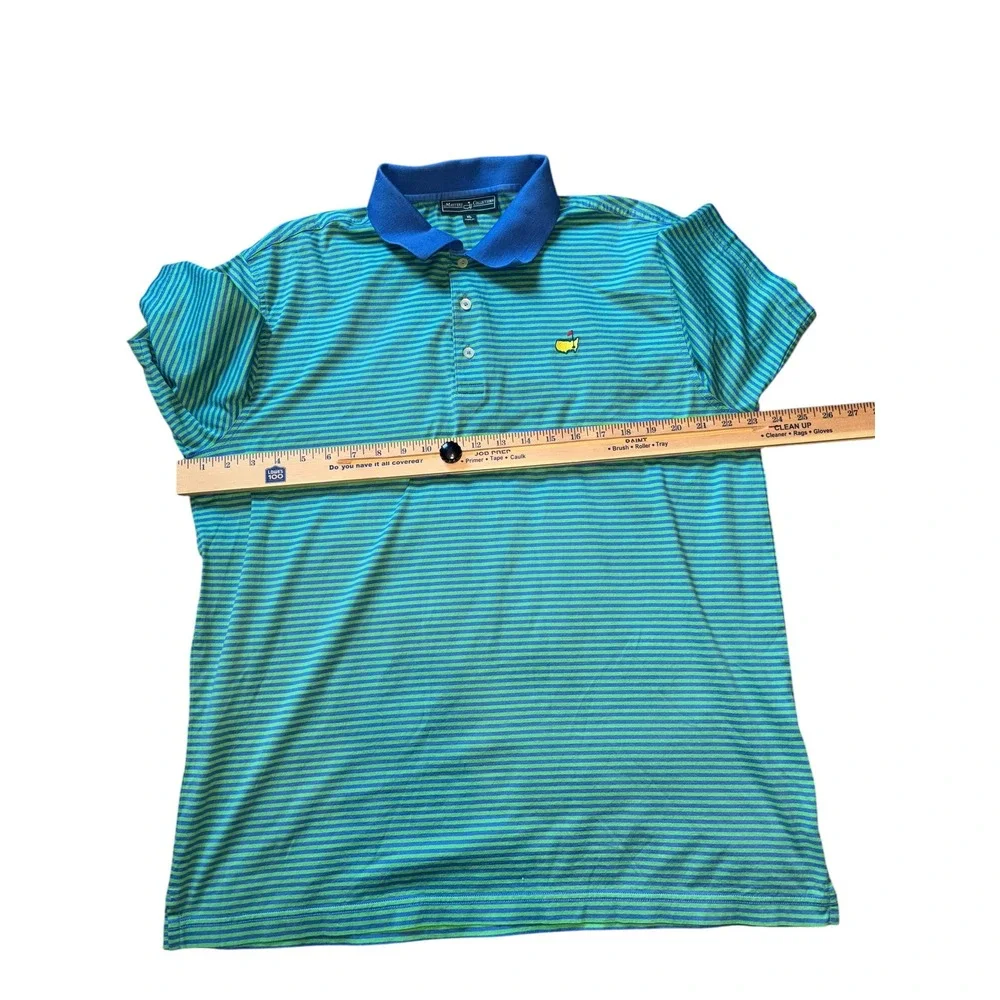 Masters Collection Mens‎ XL Golf Polo Shirt Green Blue Striped Logo Short Sleeve